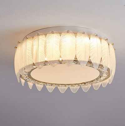 Traditional French Glass Iron Crystal Round Square Feather LED Flush Mount Ceiling Light For Bedroom