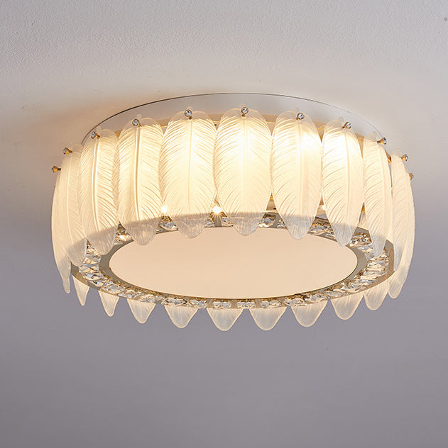 Traditional French Glass Iron Crystal Round Square Feather LED Flush Mount Ceiling Light For Bedroom