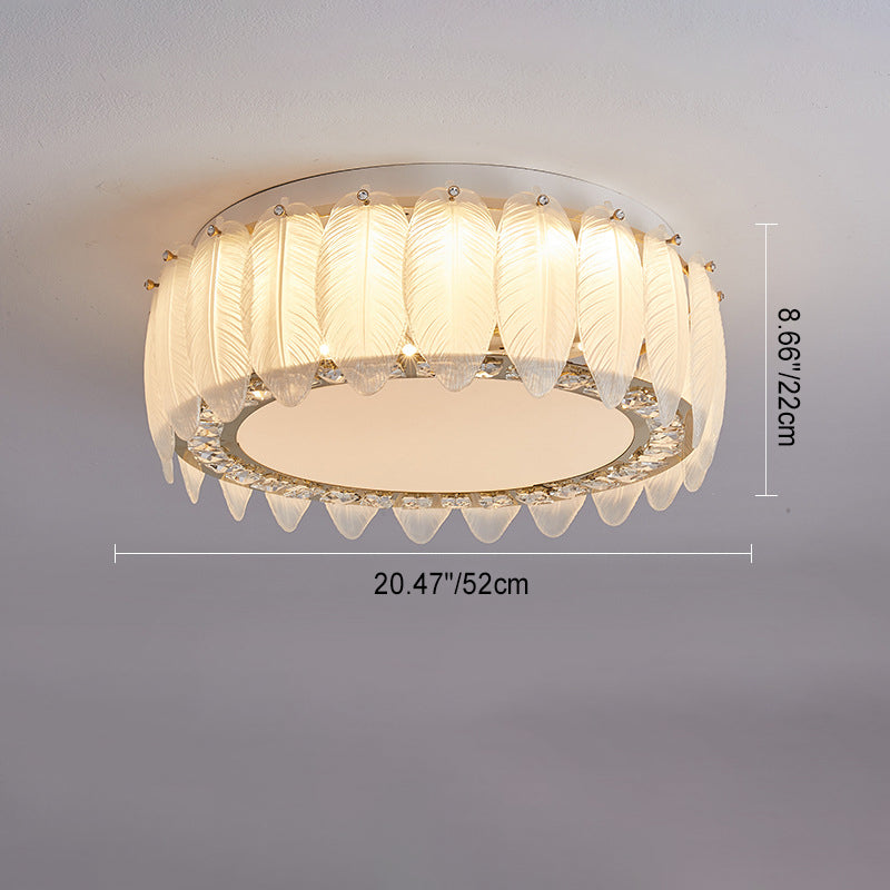 Traditional French Glass Iron Crystal Round Square Feather LED Flush Mount Ceiling Light For Bedroom