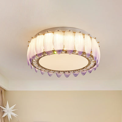 Traditional French Glass Iron Crystal Round Square Feather LED Flush Mount Ceiling Light For Bedroom