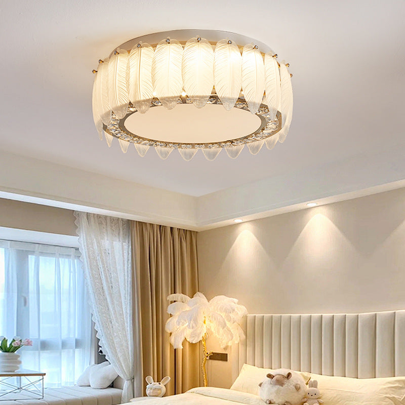 Traditional French Glass Iron Crystal Round Square Feather LED Flush Mount Ceiling Light For Bedroom