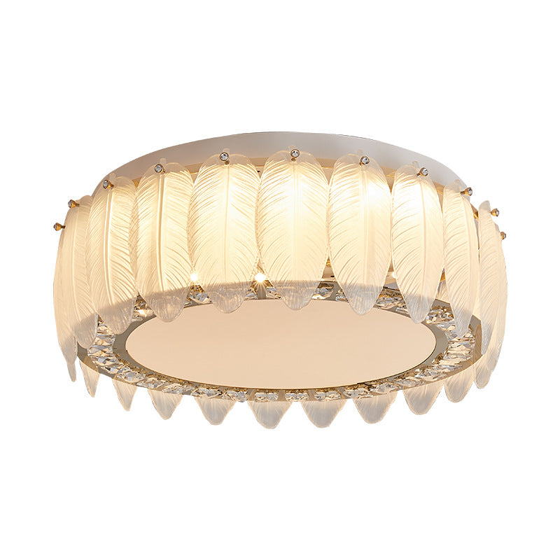 Traditional French Glass Iron Crystal Round Square Feather LED Flush Mount Ceiling Light For Bedroom