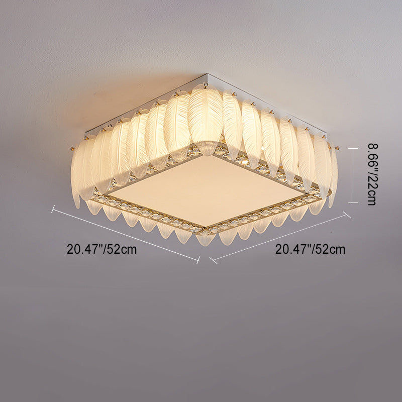 Traditional French Glass Iron Crystal Round Square Feather LED Flush Mount Ceiling Light For Bedroom