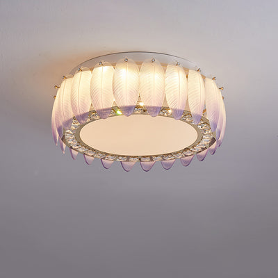 Traditional French Glass Iron Crystal Round Square Feather LED Flush Mount Ceiling Light For Bedroom