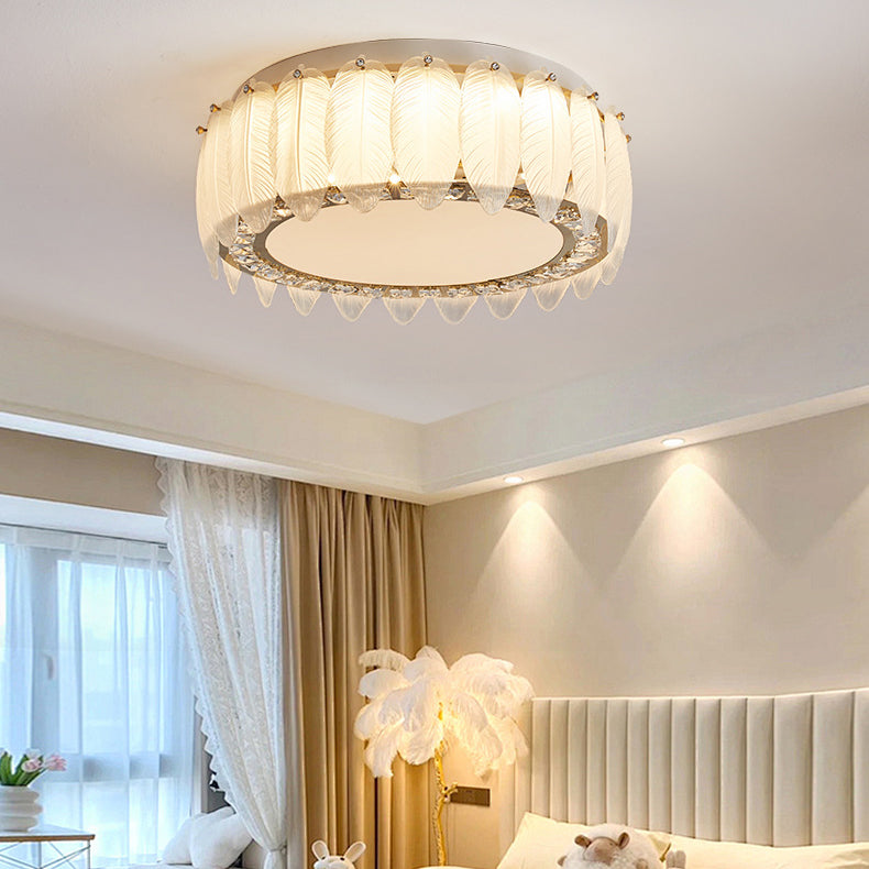 Traditional French Glass Iron Crystal Round Square Feather LED Flush Mount Ceiling Light For Bedroom