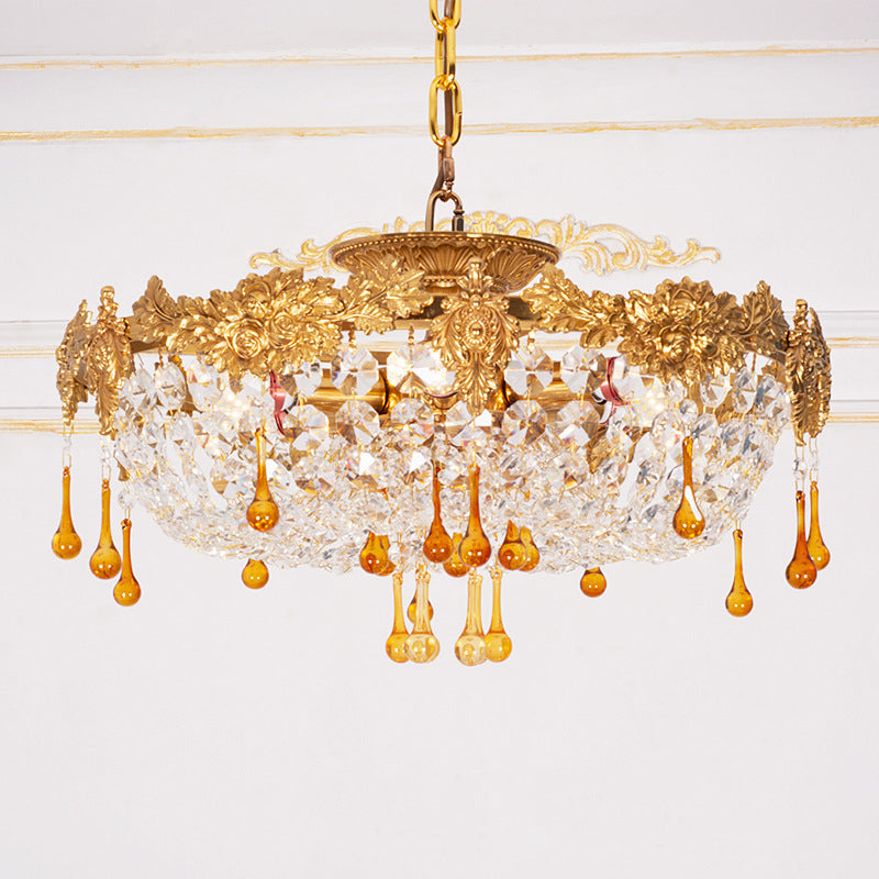 Traditional European Copper Crystal Round Drop Carved 6-Light Chandeliers For Living Room