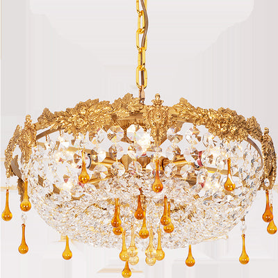 Traditional European Copper Crystal Round Drop Carved 6-Light Chandeliers For Living Room