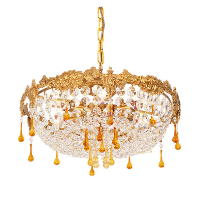 Traditional European Copper Crystal Round Drop Carved 6-Light Chandeliers For Living Room