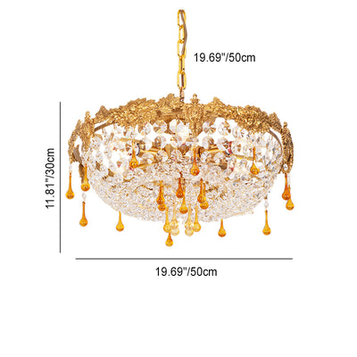 Traditional European Copper Crystal Round Drop Carved 6-Light Chandeliers For Living Room