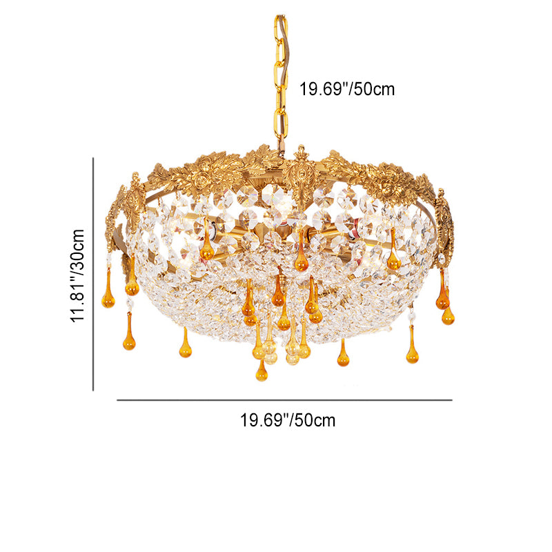 Traditional European Copper Crystal Round Drop Carved 6-Light Chandeliers For Living Room