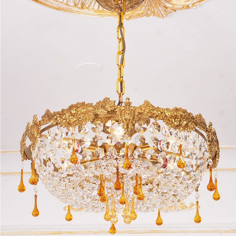 Traditional European Copper Crystal Round Drop Carved 6-Light Chandeliers For Living Room