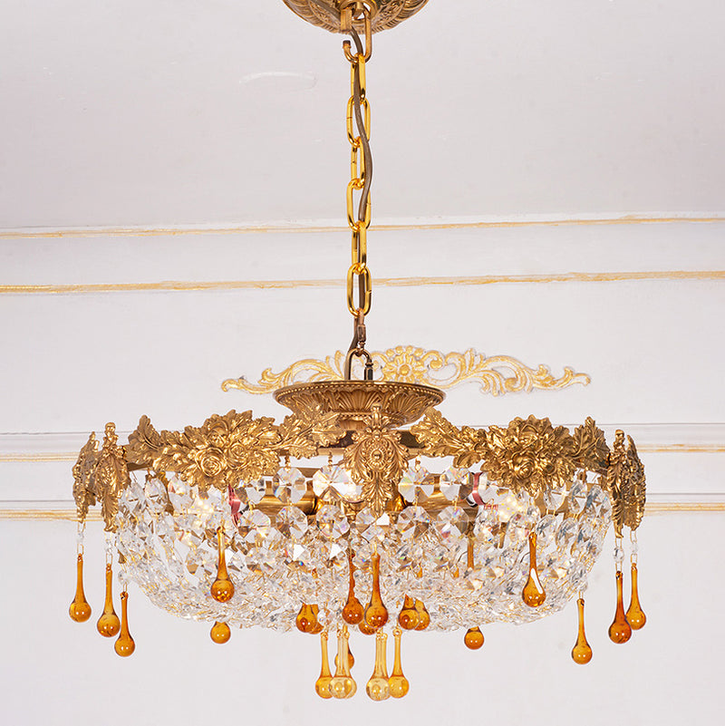 Traditional European Copper Crystal Round Drop Carved 6-Light Chandeliers For Living Room