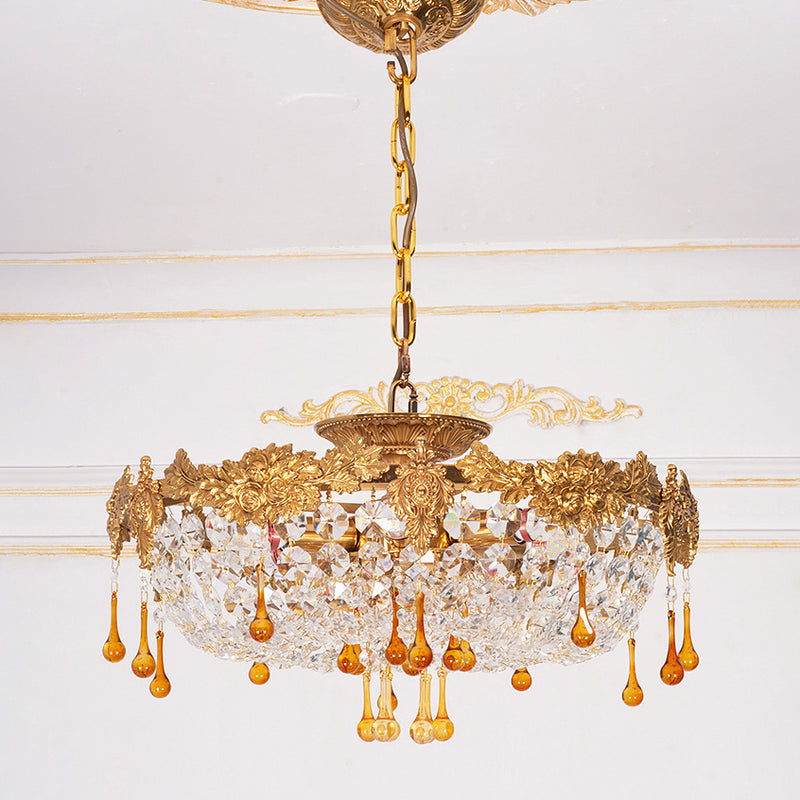 Traditional European Copper Crystal Round Drop Carved 6-Light Chandeliers For Living Room