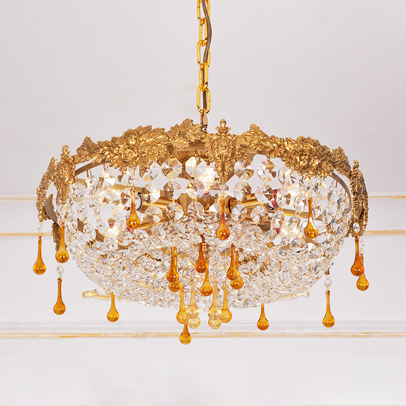 Traditional European Copper Crystal Round Drop Carved 6-Light Chandeliers For Living Room