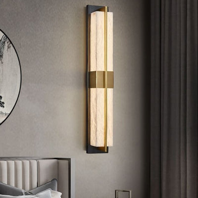 Traditional Chinese Marble Brass Rectangular LED Wall Sconce Lamp For Bedside