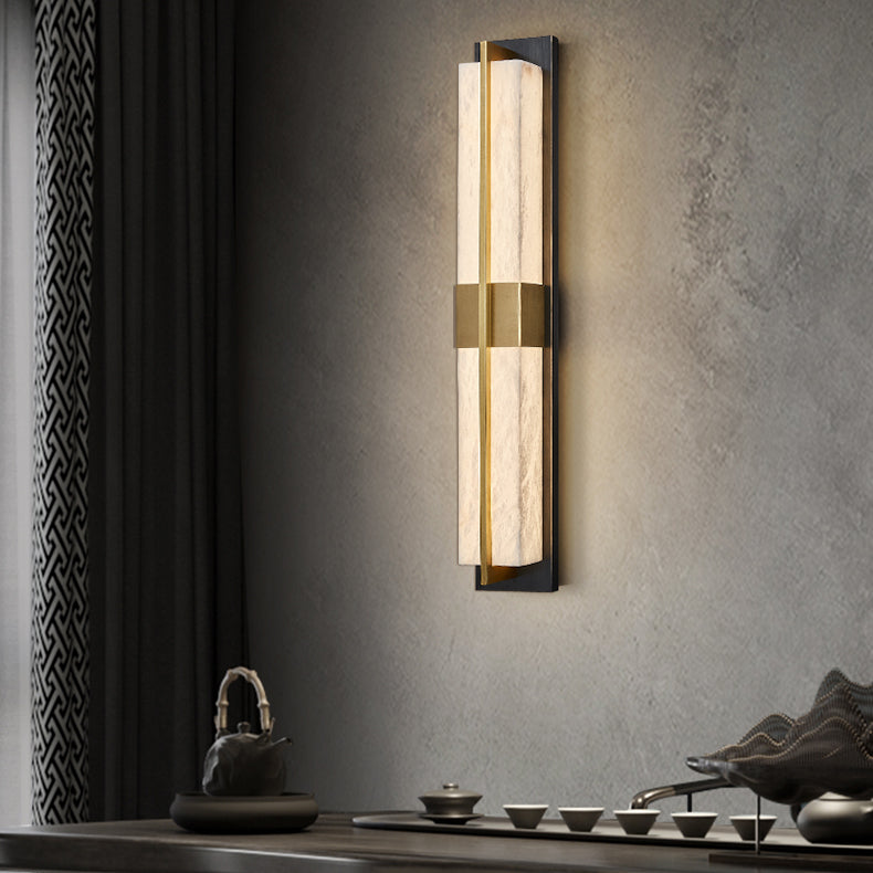 Traditional Chinese Marble Brass Rectangular LED Wall Sconce Lamp For Bedside