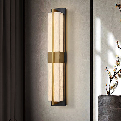 Traditional Chinese Marble Brass Rectangular LED Wall Sconce Lamp For Bedside