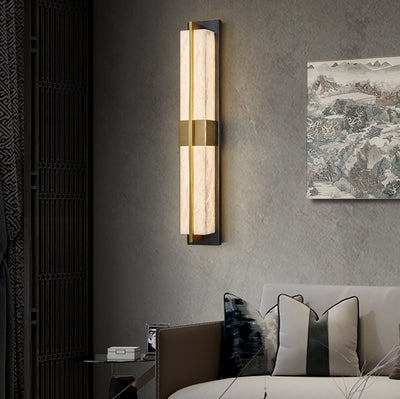 Traditional Chinese Marble Brass Rectangular LED Wall Sconce Lamp For Bedside