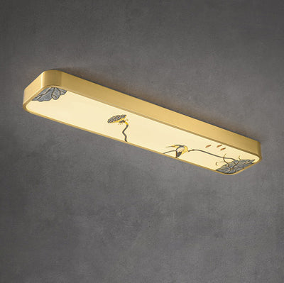 Traditional Chinese Copper Acrylic Painting Leaf Bird Rectangular LED Flush Mount Ceiling Light For Hallway