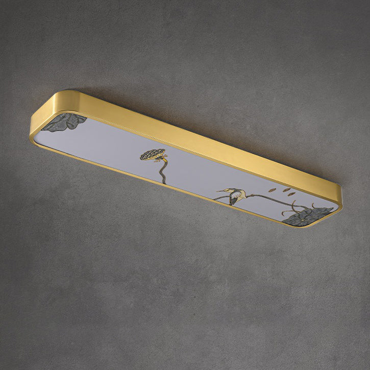 Traditional Chinese Copper Acrylic Painting Leaf Bird Rectangular LED Flush Mount Ceiling Light For Hallway