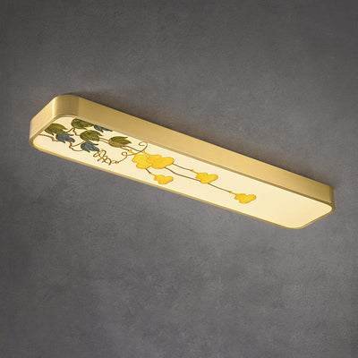 Traditional Chinese Copper Acrylic Painting Leaf Bird Rectangular LED Flush Mount Ceiling Light For Hallway