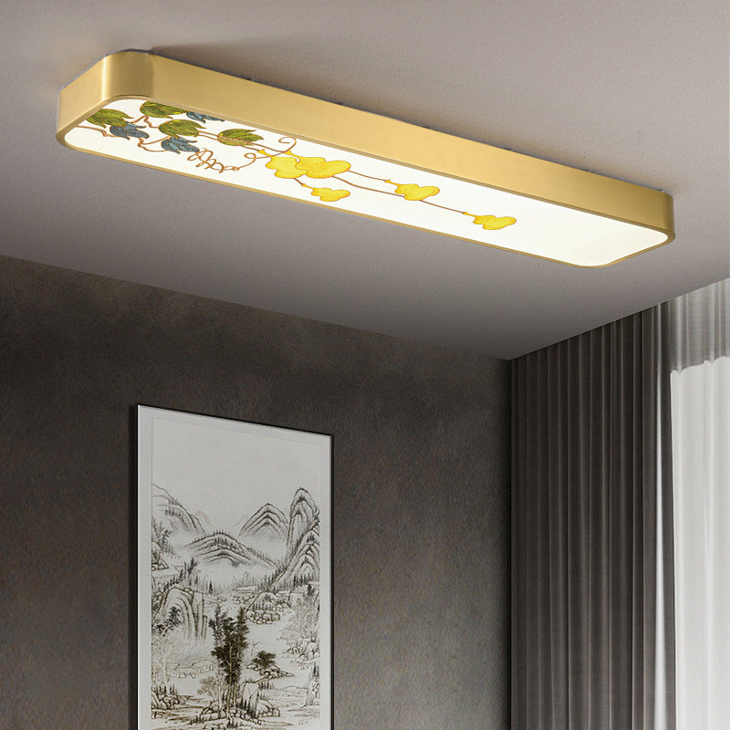 Traditional Chinese Copper Acrylic Painting Leaf Bird Rectangular LED Flush Mount Ceiling Light For Hallway