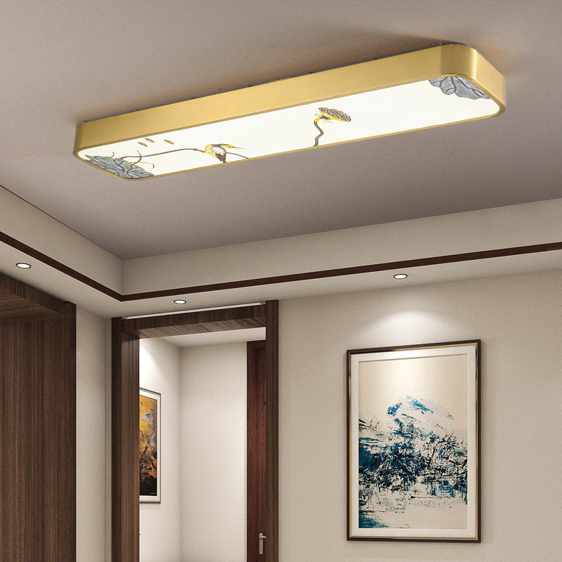 Traditional Chinese Copper Acrylic Painting Leaf Bird Rectangular LED Flush Mount Ceiling Light For Hallway