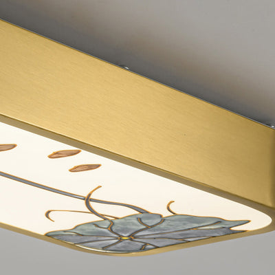 Traditional Chinese Copper Acrylic Painting Leaf Bird Rectangular LED Flush Mount Ceiling Light For Hallway