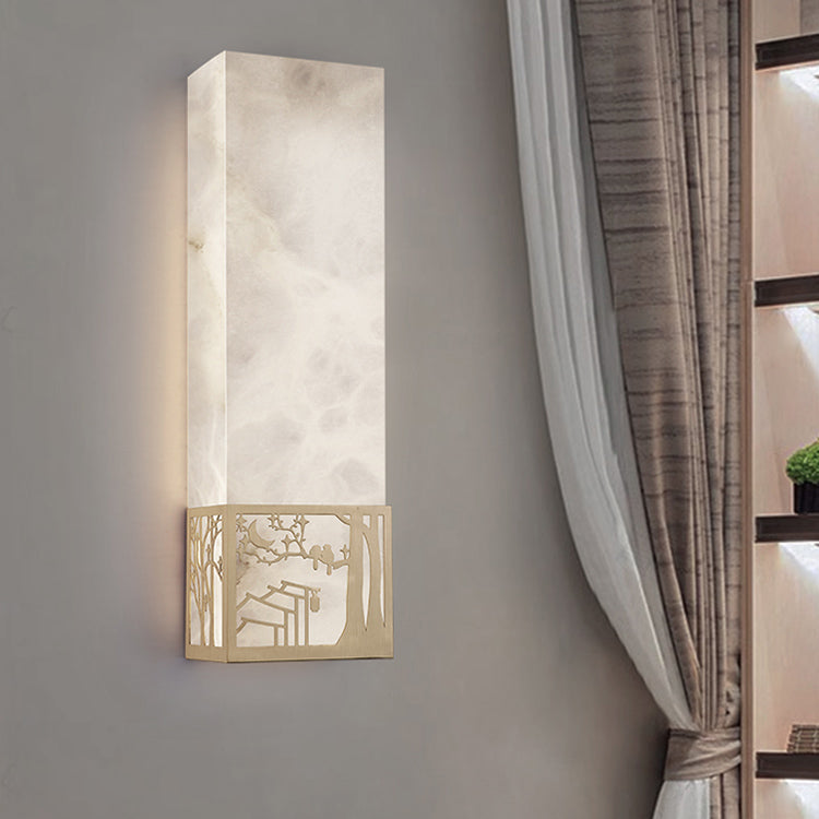 Traditional Chinese Marble Copper Natural Plum Blossom Rectangular LED Wall Sconce Lamp For Bedside