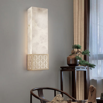 Traditional Chinese Marble Copper Natural Plum Blossom Rectangular LED Wall Sconce Lamp For Bedside