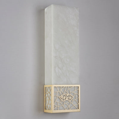 Traditional Chinese Marble Copper Natural Plum Blossom Rectangular LED Wall Sconce Lamp For Bedside