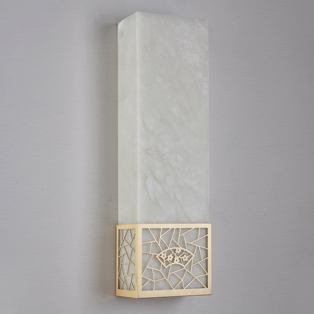 Traditional Chinese Marble Copper Natural Plum Blossom Rectangular LED Wall Sconce Lamp For Bedside