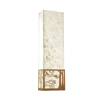 Traditional Chinese Marble Copper Natural Plum Blossom Rectangular LED Wall Sconce Lamp For Bedside