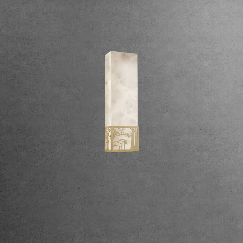 Traditional Chinese Marble Copper Natural Plum Blossom Rectangular LED Wall Sconce Lamp For Bedside