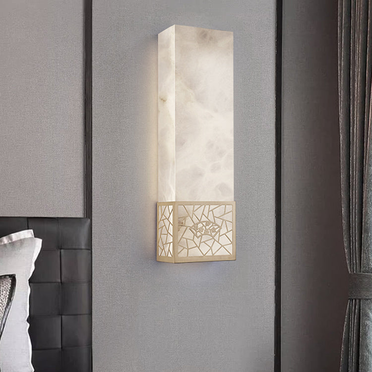 Traditional Chinese Marble Copper Natural Plum Blossom Rectangular LED Wall Sconce Lamp For Bedside