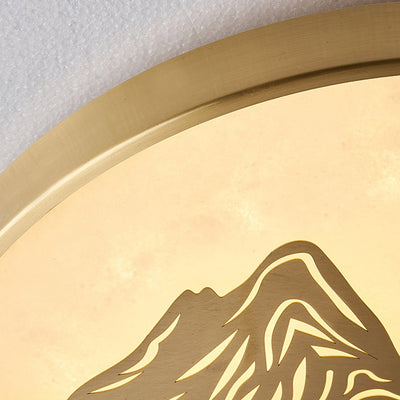 Traditional Chinese Marble Brass Landscape Round LED Flush Mount Ceiling Light For Bedroom