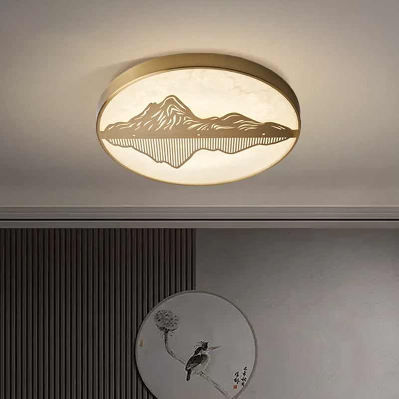 Traditional Chinese Marble Brass Landscape Round LED Flush Mount Ceiling Light For Bedroom