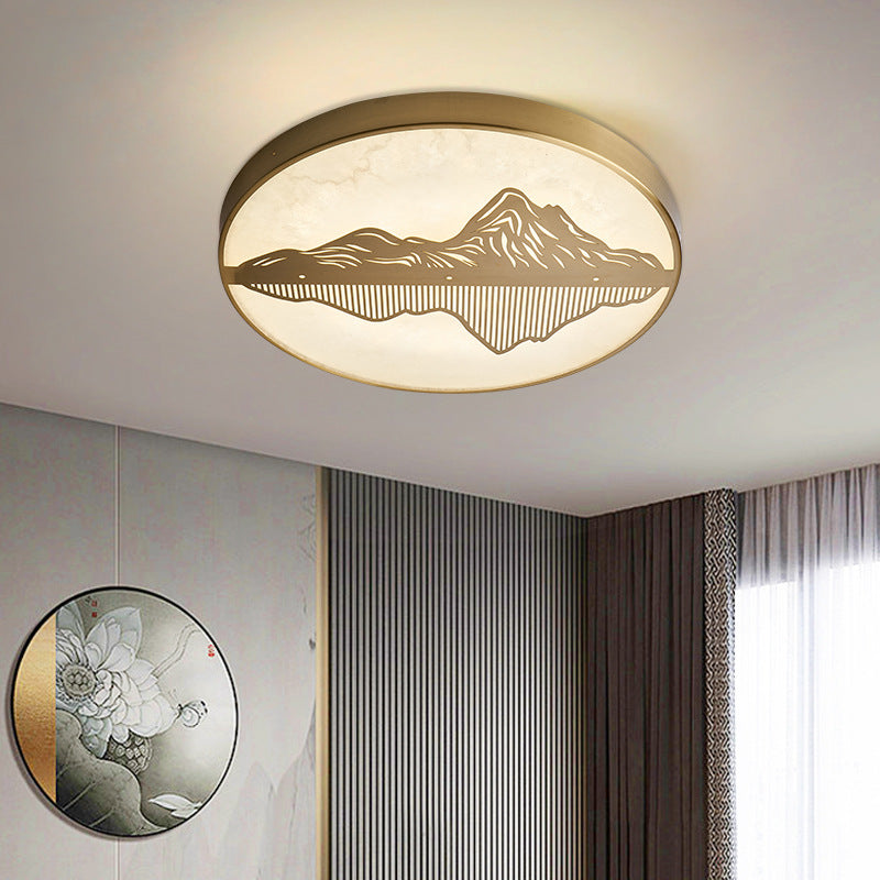 Traditional Chinese Marble Brass Landscape Round LED Flush Mount Ceiling Light For Bedroom