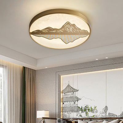 Traditional Chinese Marble Brass Landscape Round LED Flush Mount Ceiling Light For Bedroom