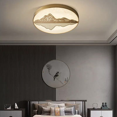 Traditional Chinese Marble Brass Landscape Round LED Flush Mount Ceiling Light For Bedroom