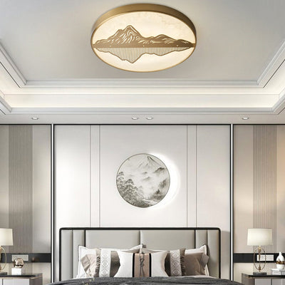 Traditional Chinese Marble Brass Landscape Round LED Flush Mount Ceiling Light For Bedroom