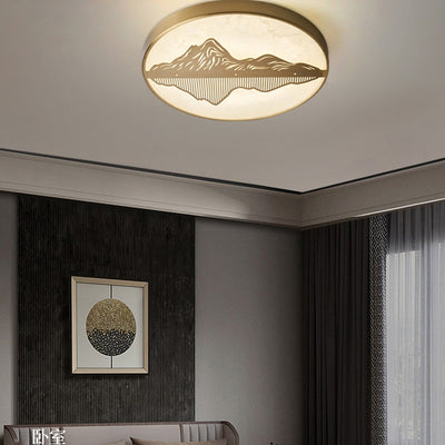 Traditional Chinese Marble Brass Landscape Round LED Flush Mount Ceiling Light For Bedroom