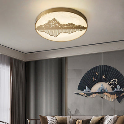 Traditional Chinese Marble Brass Landscape Round LED Flush Mount Ceiling Light For Bedroom