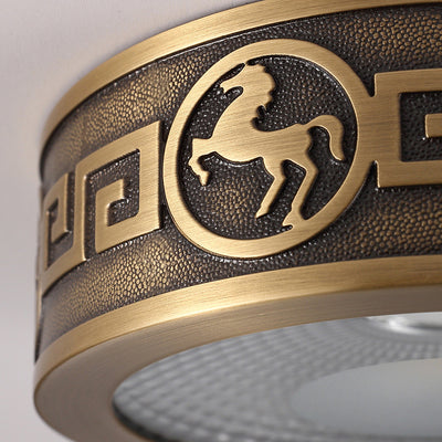 Traditional Chinese Brass Aluminum Round Horse LED Downlight Flush Mount Ceiling Light For Living Room