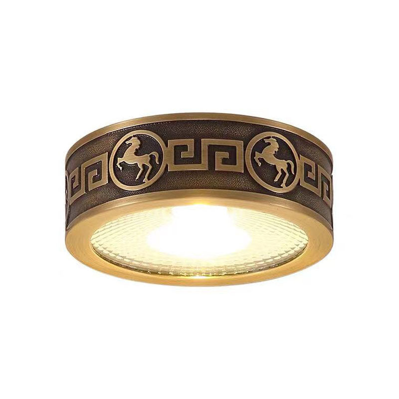 Traditional Chinese Brass Aluminum Round Horse LED Downlight Flush Mount Ceiling Light For Living Room