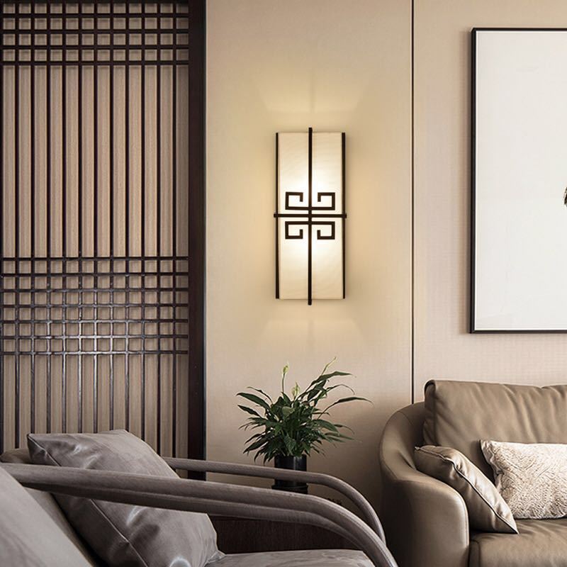 Traditional Chinese Iron Fabric Rectangular Chinese Knot 2-Light Wall Sconce Lamp For Bedside