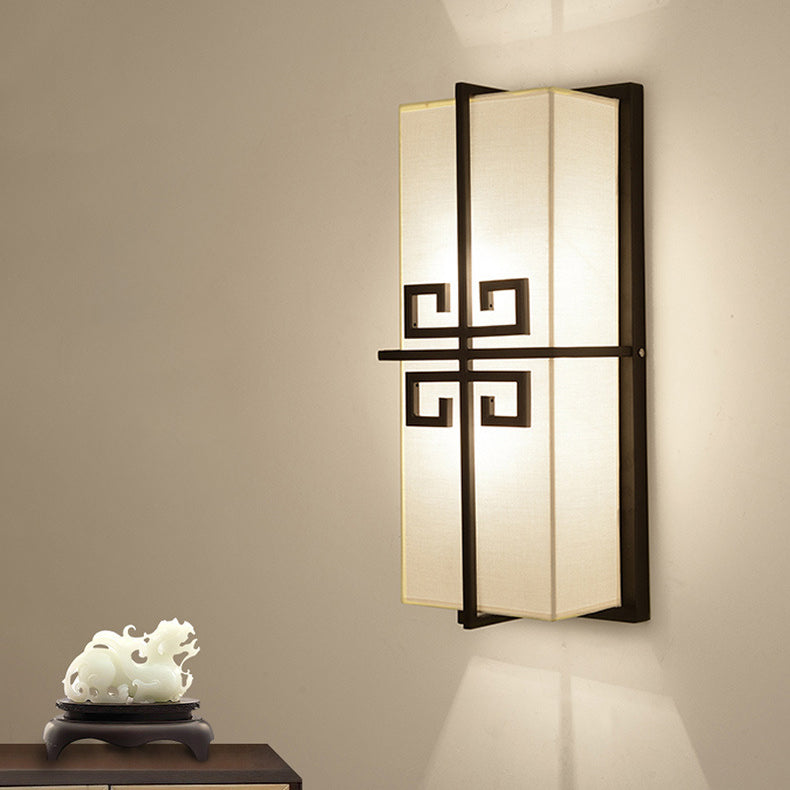 Traditional Chinese Iron Fabric Rectangular Chinese Knot 2-Light Wall Sconce Lamp For Bedside