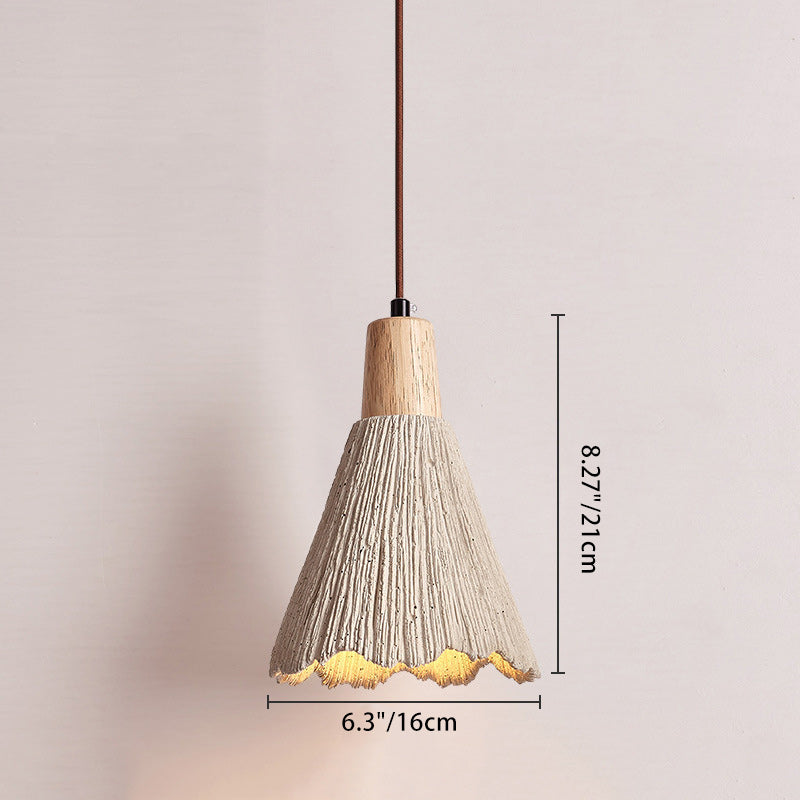 Traditional Japanese Wood Cement Conic Strip Grain 1-Light Pendant Light For Dining Room