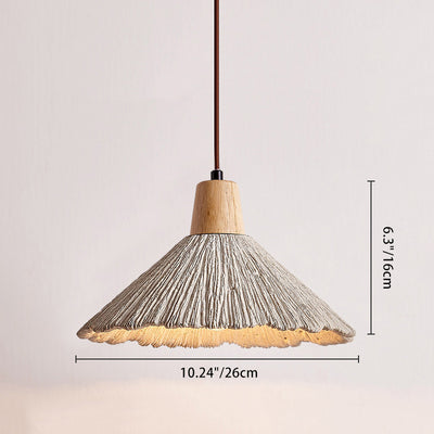 Traditional Japanese Wood Cement Conic Strip Grain 1-Light Pendant Light For Dining Room