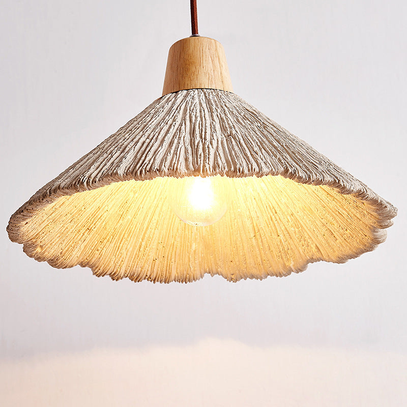 Traditional Japanese Wood Cement Conic Strip Grain 1-Light Pendant Light For Dining Room